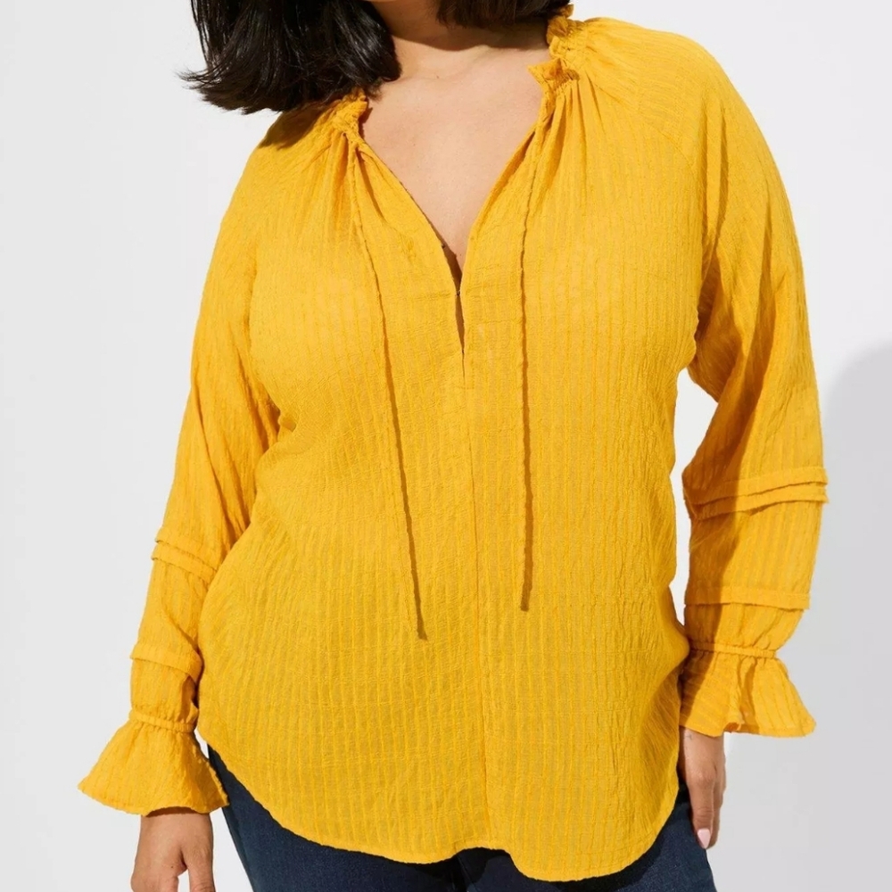 Torrid Stripe Gauze Lace-Up Peasant Top Mustard Sz 3X